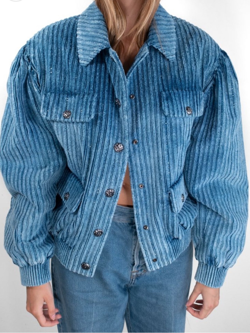 CHANEL blue Ribbed Corduroy Jacket with Decorative Button